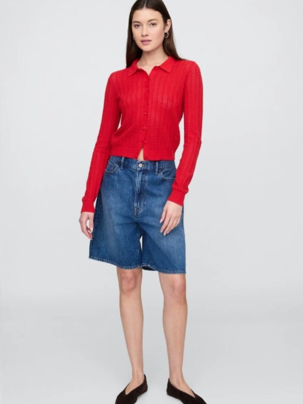 GAP XL RED open stitch pointelle button down collared cardigan Tomato Red Summer